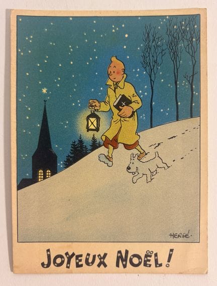 Tim und Struppi-Weihnachtskarte: Tim mit einer Lat