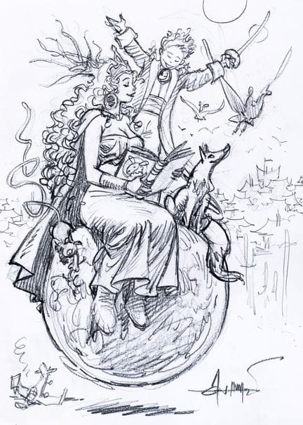 Aouamri, graphite drawing depicting heroes sitting