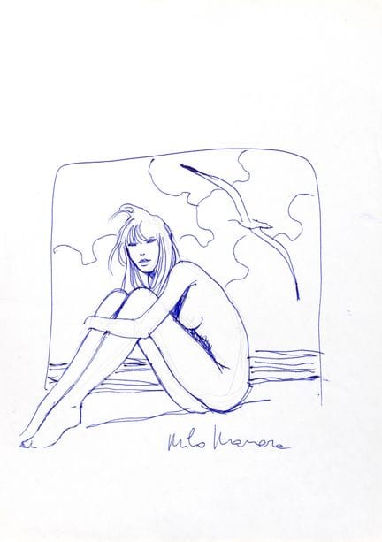 Manara, illustration à stylo bille bleu et à la mi