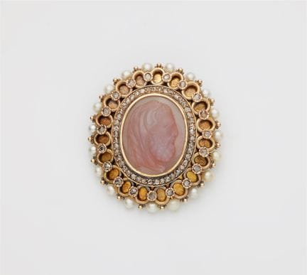 An Austrian 14k gold diamond pearl and chalcedony 