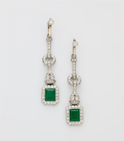 A pair of 14k white gold diamond and emerald Art D