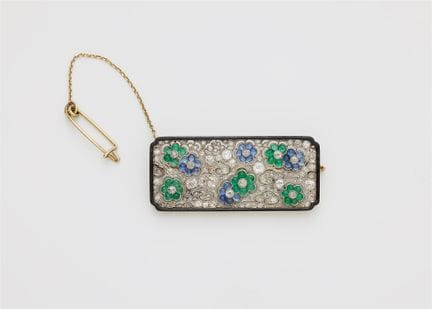An Art Déco 14k gold platinum diamond sapphire and