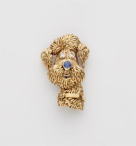 A 14k gold diamond and sapphire poodle Novelty bro