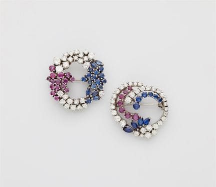 Two 14k white gold, ruby, sapphire and diamond wre
