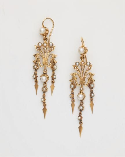 A pair of 18k gold and pearl pendeloque earrings.
