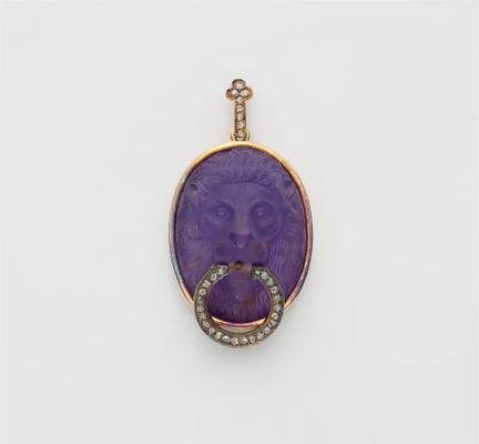 A 14k gold diamond and amethyst cameo pendant depi