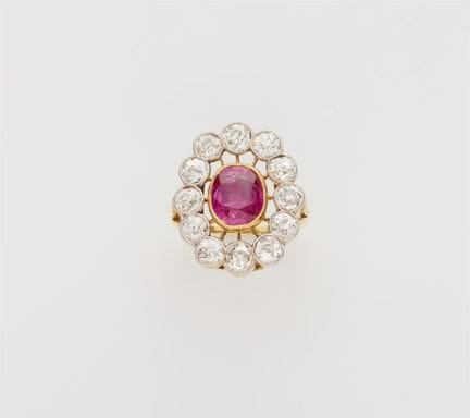 An 18k gold diamond and natural Burma ruby (NTE) c