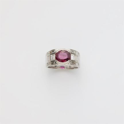 A rhodinated 18k yellow gold diamond and Thai ruby