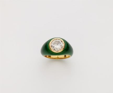An 18k gold translucent green enamel and diamond s