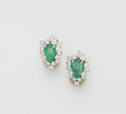 A pair of 18k white gold diamond and pear-cut emer