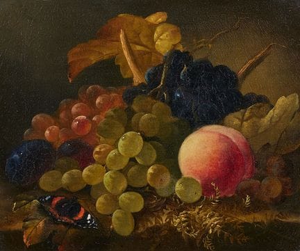 爱德华·拉德尔

《葡萄、桃子和一只蝴蝶的静物画》

布面油画（重新衬托）。25.5 × 30.5 