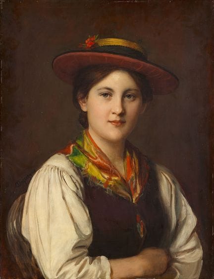 弗朗茨·冯·德弗雷格

戴草帽的女孩

木板油画。67.5 × 52 厘米。
左肩上方签名：德弗雷格