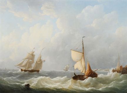 马丁努斯·肖曼

风浪汹涌的海面与帆船

布面油画（重新衬托）。49.5 × 68 厘米。
左下角签