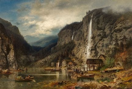 赫尔曼·赫尔佐格

《挪威山景与两处瀑布》

布面油画（重新衬托）。85 × 126.5 厘米。
左