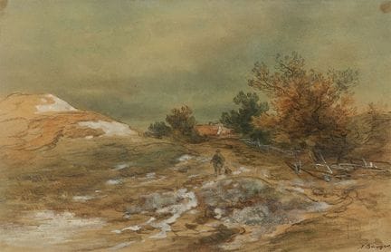 安东·伯格

广阔的风景与一位行者

铅笔打底的水彩画。20.5 × 30.5 厘米。
装裱于玻璃框