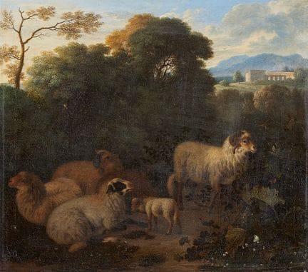 扬·范·德·梅尔二世，归因于

《南方风景与羊群》

布面油画（重新衬托）。32 × 35.5 厘米