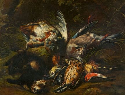 皮特·博尔，归因于

《猎场静物：鼬与鸟》

布面油画（重新衬托）。48 x 64 厘米。

来源

