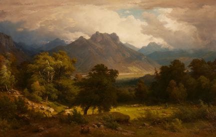 海因里希-丰克

阿尔卑斯山风景

布面油画。102.5 x 165 厘米。
左下方有签名和日期：H