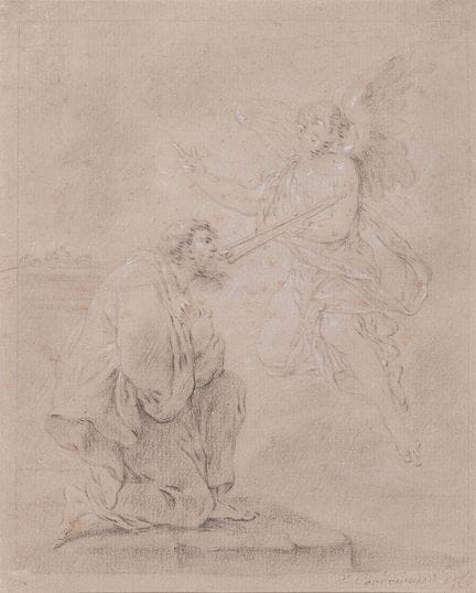 丹尼尔·霍多维茨基

天使向先知约翰显现

黑白粉笔画，绘于有色纸上。19 × 15.2 厘米。
右