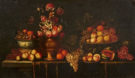 17世纪后半叶的佛兰芒画派大师

《花卉与水果大型静物画》

布面油画（重新衬托）。94 x 161
