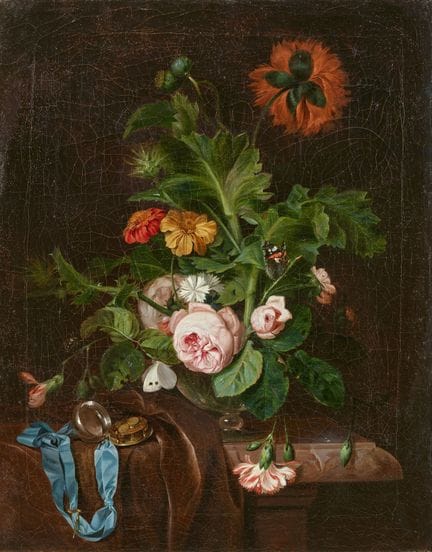 安德烈亚斯·西奥多·马滕海默

两幅水果与花卉静物画

布面油画（边缘加衬）。每幅尺寸均为40 x 