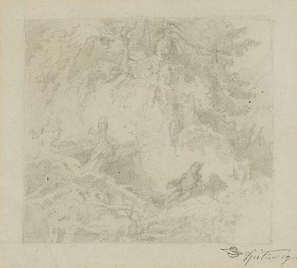 卡尔·施皮茨韦格

《仙女与隐士》

黑色铅笔画，纸本。17.5 × 19 厘米。
装裱于玻璃框内。