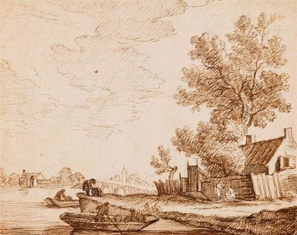 17世纪荷兰画家

河畔农舍，背景中有一座桥

棕色钢笔画。16 × 19.5 厘米。