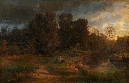 奥斯瓦尔德·阿亨巴赫

《带有背景人物的意大利森林风景》

布面油画（重新衬托）。28.5 × 43