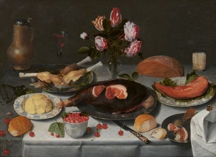 雅各布·范·胡尔斯多克

《花瓶、肉、水果、面包和黄油静物画》

木板油画。62.5 × 84.5 