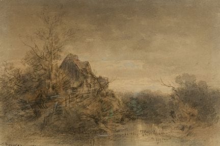 安东·伯格

山丘上有一座房子的风景画

黑色粉笔打底的水彩画，绘于纸上。18.5 × 28.5 厘