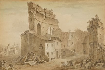查尔斯·路易·克莱里索，《周边》

古代废墟建筑

灰色与棕色的钢笔与水墨画。24 x 36 厘米。