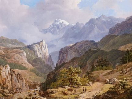 雷米吉乌斯·阿德里亚努斯·哈嫩

《山景与徒步者》

布面油画。57.7 × 70.5 厘米。
右下