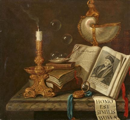 埃德瓦特·科利尔

《带有鹦鹉螺杯、蜡烛和书籍的虚荣静物画》

布面油画（重新衬托）。59 × 64