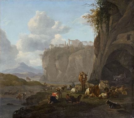 威廉·罗梅因

《南方风景与牧羊人夫妇》

布面油画（重新衬托）。68 × 77 厘米。
右下角签名