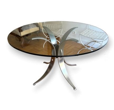 Table ronde en verre, piètement gerbe en métal chr