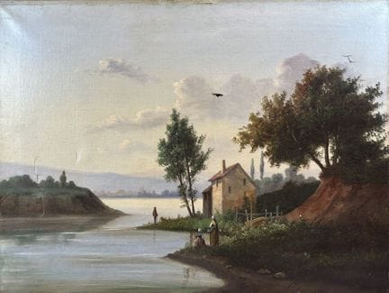 ESCUELA DEL SIGLO XIX
Escena lacustre animada,
Óle