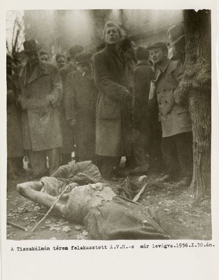 1956年匈牙利革命

 

一张拍摄于1956年匈牙利革命期间的被绞死者的照片。布达佩斯，1956