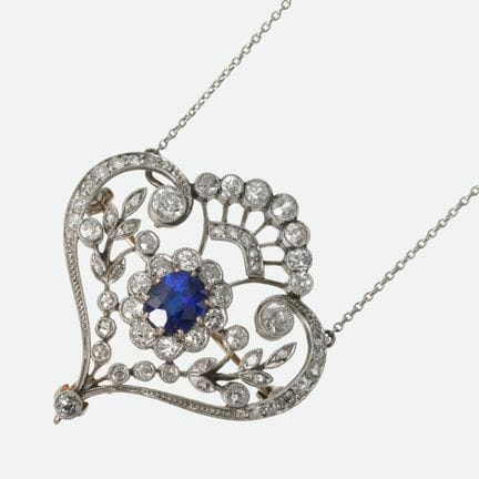SAPHIR-DIAMANT-ANHÄNGERBROSCHE MIT KETTE : Anfang 