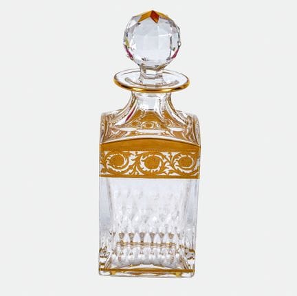 水晶壶：法国，20世纪（圣路易水晶厂），
“Thistle Gold”款式，配多面切割瓶塞
水晶玻璃
