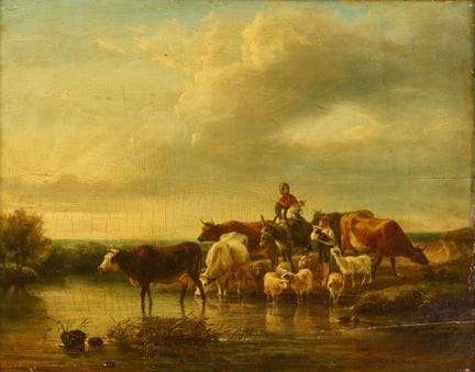 VERNET (France, 19th century): Cows Crossing the R