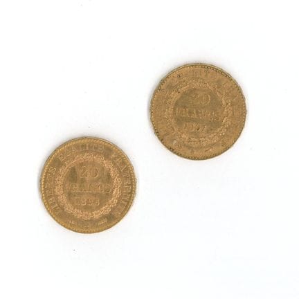2 monnaies en or : 20 FF Génie (1896 A x 1, 1897 A