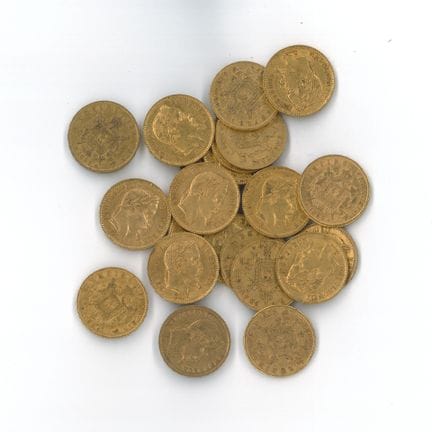 22 monnaies or : 20 FF Napoléon III tête laurée (1