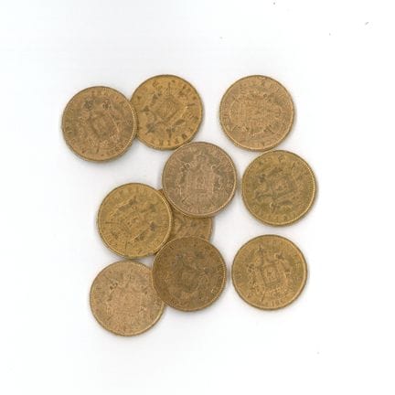 10 monnaies en or : 20 FF Napoléon III tête laurée