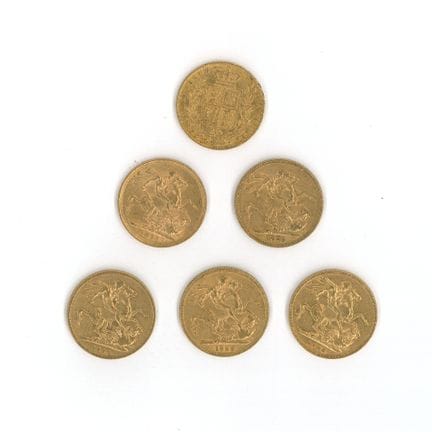 6 monnaies or : Souverains Grande-Bretagne Victori