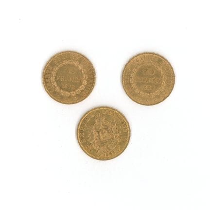3 monnaies en or : 20 FF 
- Napoléon III tête laur