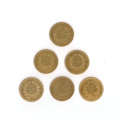 6枚金币：1859年A铸造的拿破仑三世无冠头像20法郎金币