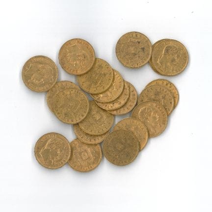 20 monnaies or : 20 FF Napoléon III tête laurée (1