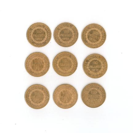 9 monnaies or : 20 FF Génie 1896 A