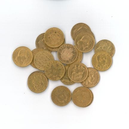 22 monnaies or : 20 FF Napoléon III tête laurée (1