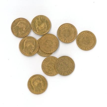 10枚金币：1859年BB版拿破仑三世无冠头像20法郎金币